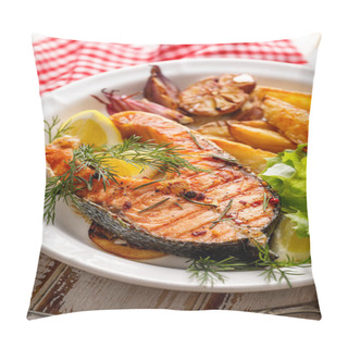 Personality  Grilled Salmon Steak, A Portion Of Grilled Salmon With Fresh Lettuce And Potato Wedges On A White Ceramic Plate On A Wooden Rustic Table, Close-up. Grilled Seafood. Pillow Covers