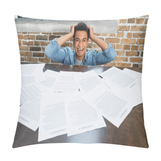 Personality  Hysterical African American Man Pulling Hair Near Documents With Contract Lettering On Desk Pillow Covers