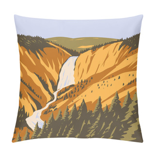 Personality  WPA Poster Art Of Lower Yellowstone Falls, The Largest Volume Waterfall In The Rocky Mountains Within Yellowstone National Park, Wyoming USA Done In Works Project Administration Style. Pillow Covers