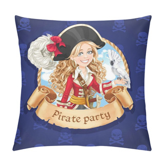 Personality  Cute Pirate Girl With Parrot. Banner For Pirate Party Pillow Covers