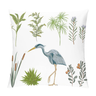 Personality  Heron Bird And Swamp Plants. Marsh Flora And Fauna. Isolated Elements Vintage Hand Drawn Vector Illustration In Watercolor Style Pillow Covers