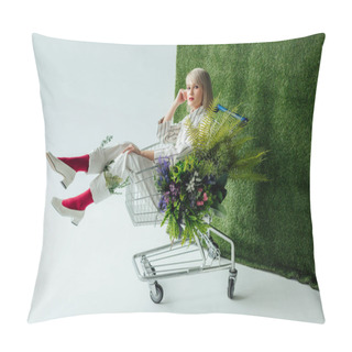 Personality  Beautiful Stylish Girl Looking At Camera While Sitting In Shopping Cart With Fern And Flowers On White With Green Grass Pillow Covers