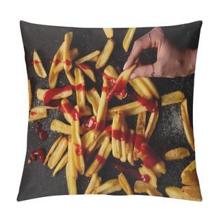 Personality  Top View Of Woman Taking French Fries Poured With Ketchup On Black Tabletop Pillow Covers