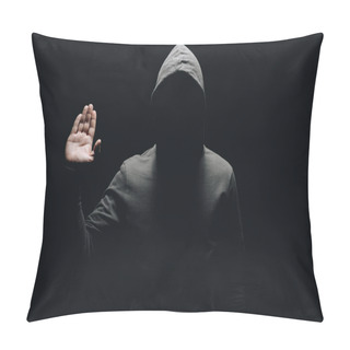 Personality  Unrecognizable Man In Hoodie Showing Palm Isolated On Black Pillow Covers