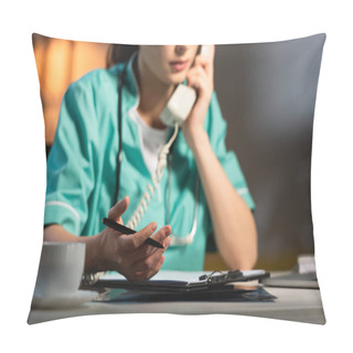 Personality  Cropped View Of Nurse In Uniform Talking On Telephone During Night Shift Pillow Covers