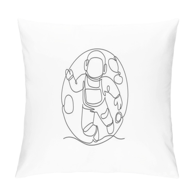 Personality  Single Continuous Line Drawing Of Floating Science Astronaut In Spacewalk Flying Against Full Moon. Fantasy Deep Space Exploration, Fiction Concept. Trendy One Line Draw Design Vector Illustration Pillow Covers