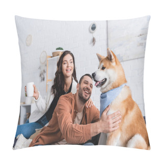 Personality  Pleased Man Sitting On Couch And Cuddling Akita Inu Dog Near Happy Girlfriend With Cup Pillow Covers