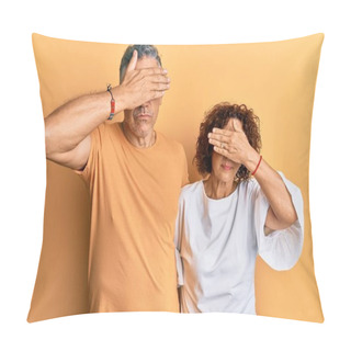 Personality  Beautiful Middle Age Couple Together Wearing Casual Clothes Covering Eyes With Hand, Looking Serious And Sad. Sightless, Hiding And Rejection Concept  Pillow Covers