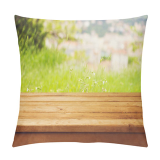 Personality  Empty Wooden Table Over Bokeh Natural Background Pillow Covers