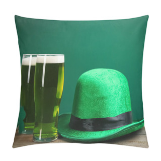 Personality  Green Beer And Hat On Wooden Table. St. Patrick's Day Celebration Pillow Covers