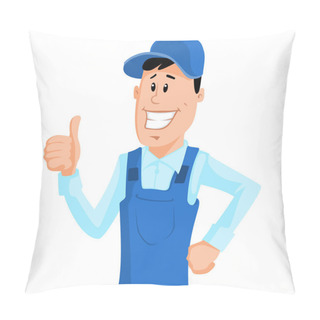 Personality  Worker In Blue Workwear Show Thumb Up Pillow Covers