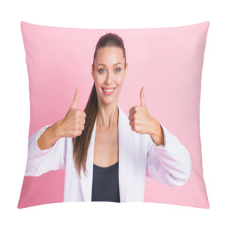 Personality Photo Of Adorable Pretty Young Woman Dressed White Blazer Showing Two Hands Arms Likes Isolated Pastel Pink Color Background Pillow Covers
