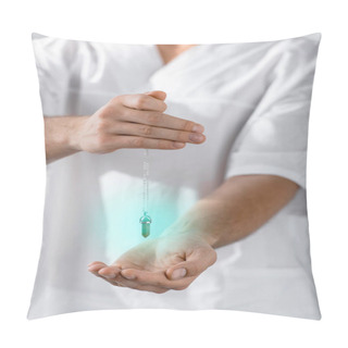 Personality  Cropped View Of Hypnotist Holding Green Stone In Clinic Pillow Covers