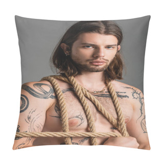 Personality  Portrait Of Sexy Tattooed Man Holding Rope Isolated On Grey  Pillow Covers
