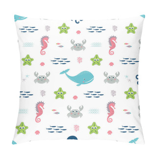 Personality  Seamless Pattern With Colorful Seashells, Starfishes, Octopus, Whales, Crabs And Seahorse In Scandinavian Style On White Background, Cute Baby Marine Animals Pillow Covers