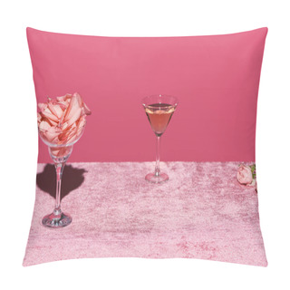 Personality  Rose Petals In Glass Near Rose Wine On Velour Pink Cloth Isolated On Pink, Girlish Concept Pillow Covers