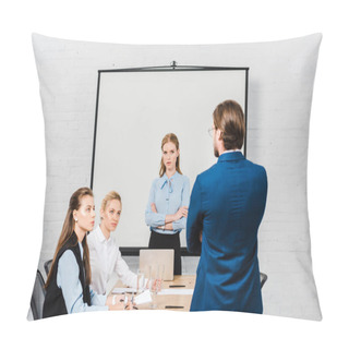 Personality  Rear View Of Boss Talking To Managers During Meeting At Modern Office Pillow Covers