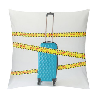 Personality  Blue Suitcase In Yellow And Black Hazard Warning Safety Tape With Quarantine Zone Illustration On White, Coronavirus Concept Pillow Covers