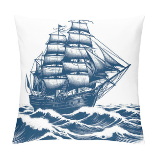 Personality  Traditional Wooden Sailing Craft Navigating Through Waves Vector Hatched Rendition Pillow Covers