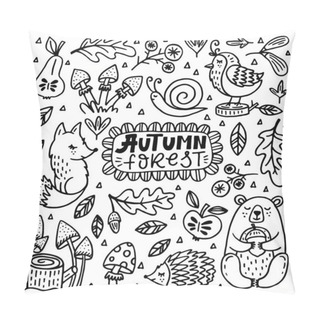 Personality  Set Of Cute Autumn Cartoon Characters, Plants And Fruits. Fall Season. Forest Animals. Collection Of Doodle Outline  Elements For Coloring Book, Children Design. Pillow Covers