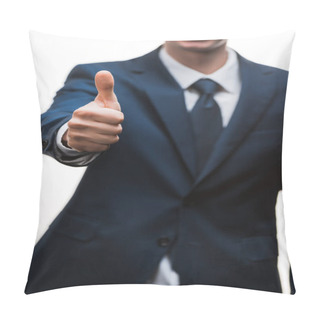 Personality  Selective Focus Of Happy Businessman In Suit Showing Thumb Up Isolated On White  Pillow Covers