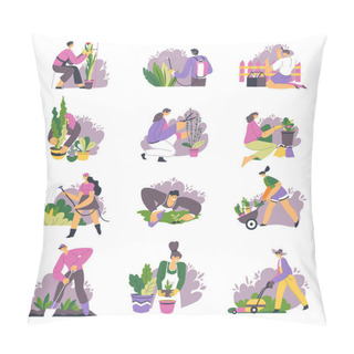Personality Gardening People Planting Flowers, Botany In Pots Pillow Covers