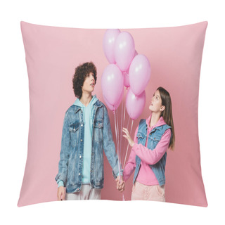 Personality  Teenagers Holding Hands While Looking At Balloons On Pink Background  Pillow Covers