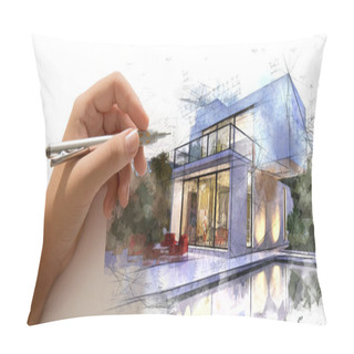 Personality  Hand Drafting A White Villa With Pool Pillow Covers