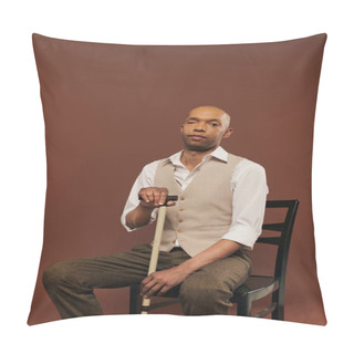 Personality  African American Man With Myasthenia Gravis Syndrome, Sitting On Chair And Leaning On Walking Cane, Looking At Camera, Bold Dark Skinned Man With Chronic Disease On Brown Background, Inclusion  Pillow Covers