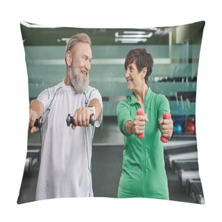 Personality  Happy Elderly Couple, Happy Man And Woman Training With Dumbbells, Husband And Wife In Gym Pillow Covers