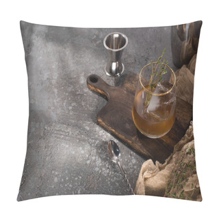 Personality  Transparent Glass With Herb, Ice Cube And Whiskey On Concrete Surface With Bar Equipment Pillow Covers
