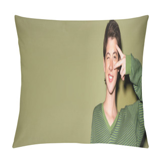 Personality  Smiling Brunette Woman Winking At Camera And Showing Peace Sign Near Face On Green Background, Banner Pillow Covers