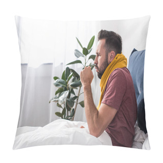 Personality  Side View Of Sick Young Man Having Cough While Sitting In Bed Pillow Covers