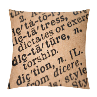 Personality  Close-up Of An Opened Dictionary Showing The Word DICTATURE Pillow Covers