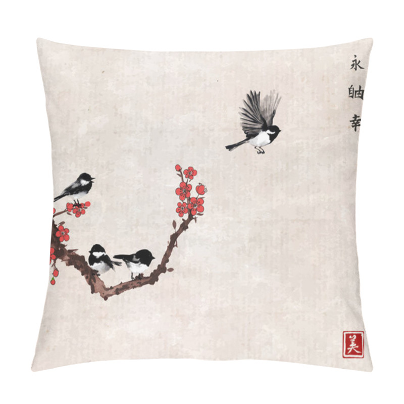 Personality  Traditional illustrative vintage Japanese style background with birds on branch of flowering sakura tree. pillow covers