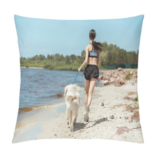 Personality  Rear View Of Female Jogger Running With Dog On Beach Near Sea  Pillow Covers