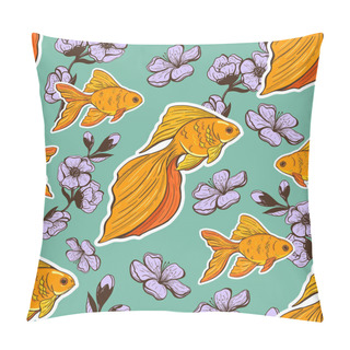 Personality  Seamless Pattern With Beautiful Goldfish And Flowers Of Apple Or Sakura. Repeat Pattern Is Good For Wrapping Paper Or Textile Design. Pillow Covers