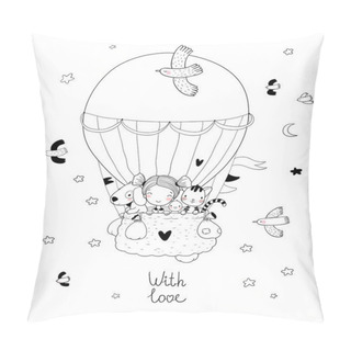 Personality  Cute Cartoon Girl And Her Friends Are Flying In A Balloon. Little Princess, Chicken, Cat And Puppy Pillow Covers