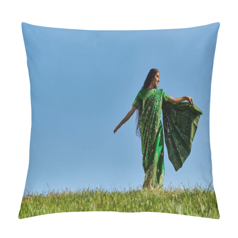 Personality  Summer Day, Carefree Indian Woman In Authentic Wear Walking In Green Field Under Blue Sky Pillow Covers