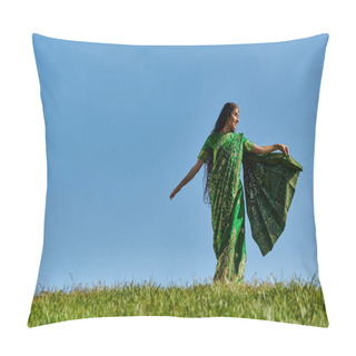 Personality  Summer Day, Carefree Indian Woman In Authentic Wear Walking In Green Field Under Blue Sky Pillow Covers