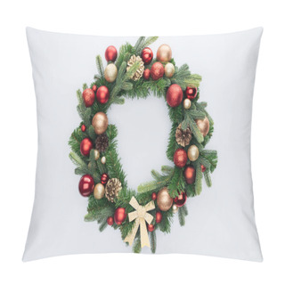 Personality  Top View Of Decorative Festive Wreath With Red And Golden Christmas Toys Isolated On White Pillow Covers