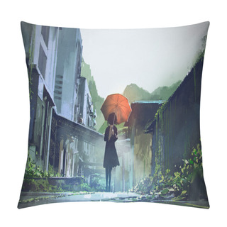 Personality  Mysterious Woman With Orange Umbrella Pillow Covers