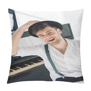 Personality  Selective Focus Of Smiling Pianist In Trendy Clothing Smiling And Looking At Camera Pillow Covers