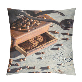 Personality  Freshly Ground Coffee In An Old Fashioned Grinder Pillow Covers