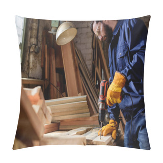 Personality  Bearded Craftsman In Protective Gloves And Googles Drilling Wooden Plank At Carpentry  Pillow Covers