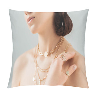 Personality  Cropped View Of Young Woman With Shiny Lips In Golden Necklaces And Rings Isolated On Grey Pillow Covers