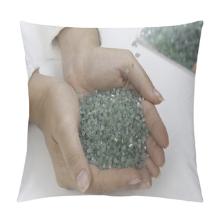Personality  Rough Green Peridot Gemstone In Hand On White Background. Pillow Covers