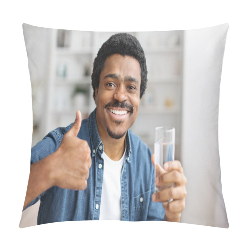 Personality  A Cheerful Black Man In Denim Shirt Holding Clear Glass Of Water And Gesturing Thumb Up, African American Male Showing Sign Of Approval, Copy Space Pillow Covers
