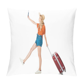 Personality  Side View Of Beautiful Girl Walking With Travel Bag, Passport And Ticket Isolated On White Pillow Covers