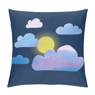 Personality  Moon Lullabye. Cute Minimal Cartoon Style Illustration Of Blue Rose Clouds With Watercolor Texture And The Shining Moon On The Night Dark Blue Sky Background Pillow Covers